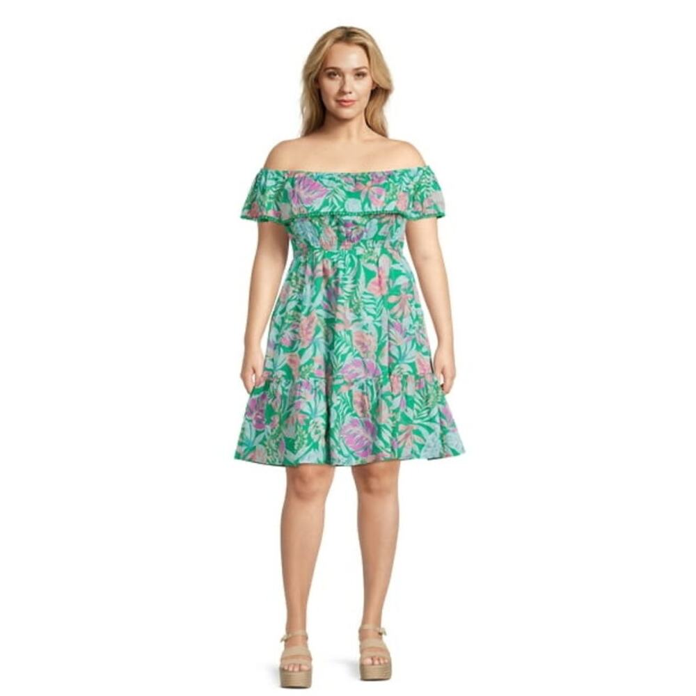 Terra & Sky Women's Plus Size Off Shoulder Dress 2X Tropical Summer/Orchid Bloom